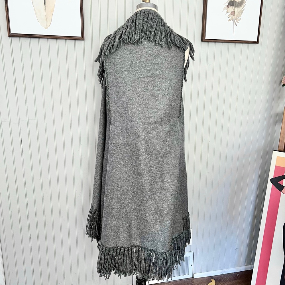 Fringed Cape Double Layered Grey Cardigan Vest Cape Long Length View 5